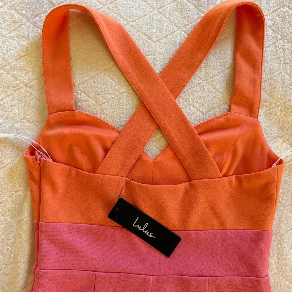Lulus Malibu Magic Pink And Orange Color Block Midi Dress Leg Slit Size Small